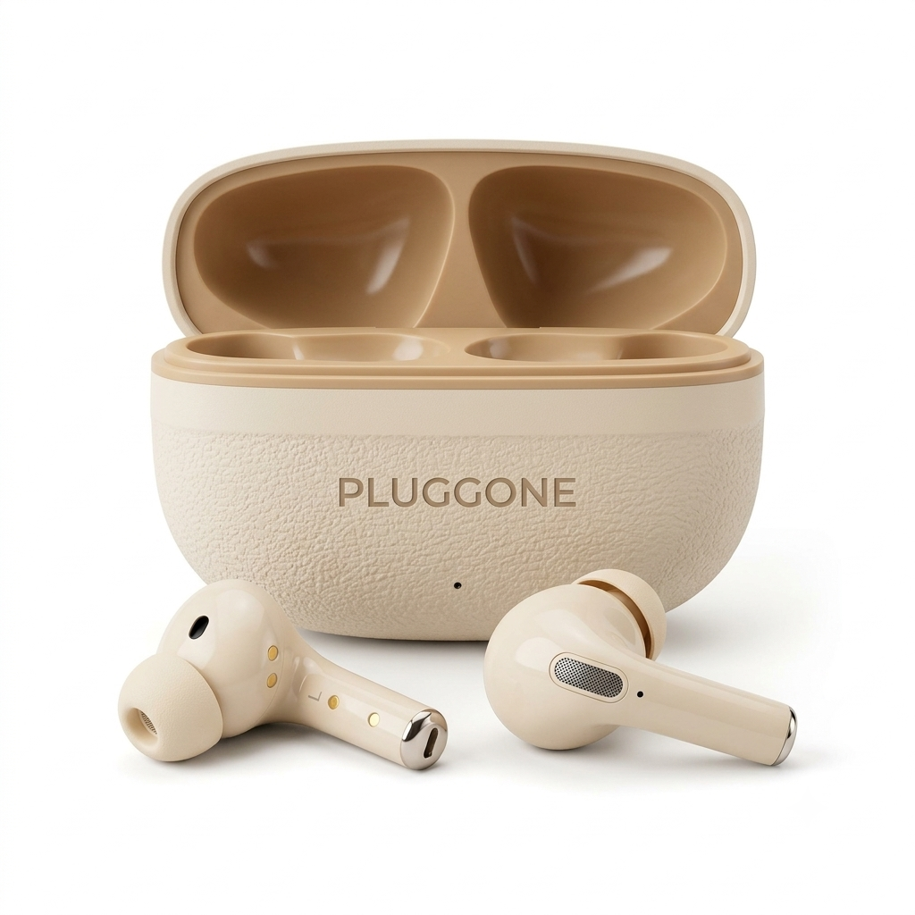 Pluggone Beige Textured Leatherette TWS Earbuds