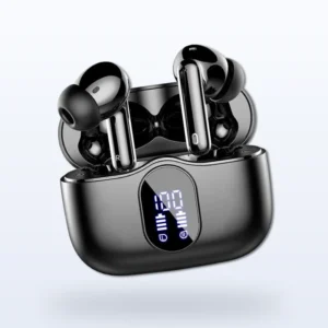 Ergonomic angle view of Pluggone digital display tws earbuds