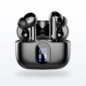 Pluggone Glossy Black Digital TWS Earbuds – LED Battery Display & HD Sound
