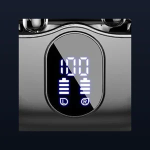 Close up of digital display tws earbuds LED percentage indicator screen
