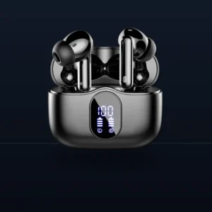 Pluggone digital display tws earbuds resting on modern executive desk
