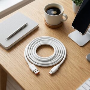 Pluggone white type c cable premium aesthetic on modern minimal desk workspace